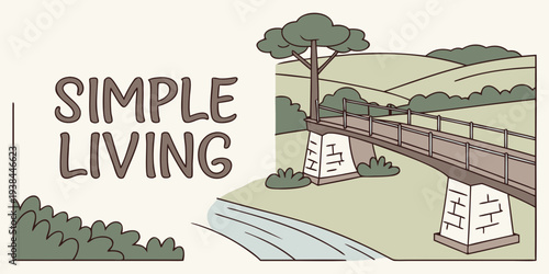 A serene countryside scene with a rustic house and lush greenery in the background. Vector