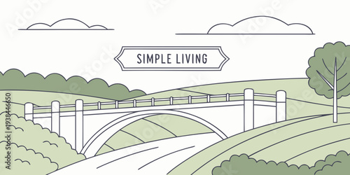 A serene landscape with a winding road leading to a house under a clear blue sky Vector