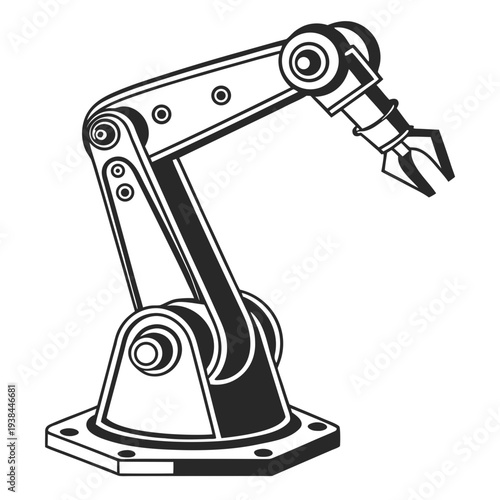 A detailed illustration of an industrial robotic arm with a gripper attachment. Vector