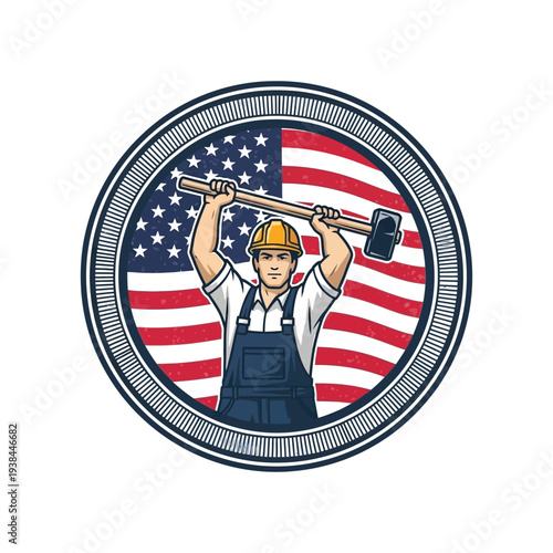 Patriotic construction worker logo with american flag background and sledgehammer symbolizing strength and labor