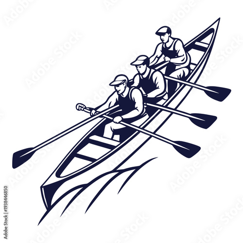 Rowers in a racing boat paddling on a calm water surface Vector