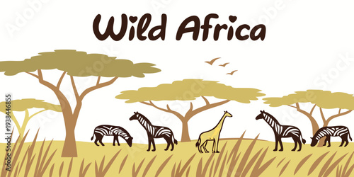 A herd of elephants roaming the vast savannah under a clear blue sky in wild africa Vector