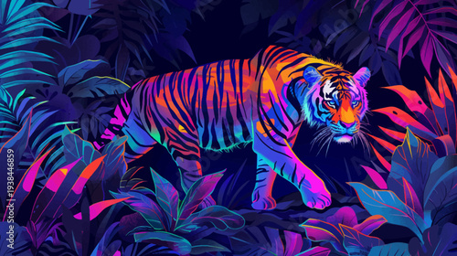 Vibrant tiger prowling through colorful foliage illustration in the jungle