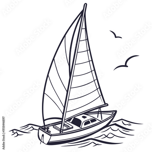 A serene sailboat gliding across calm waters under a clear blue sky. Vector