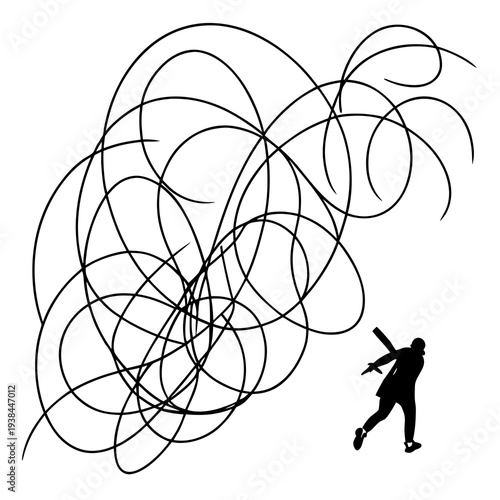 A person walking through a chaotic swirl of lines and shapes Vector