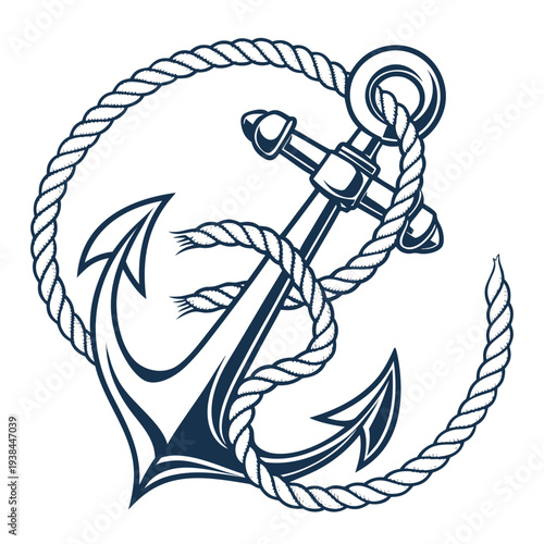 Intricate blue and white nautical anchor illustration with a mermaid Vector
