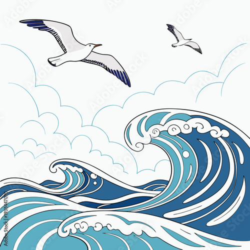 A dynamic illustration of a large ocean wave with seagulls flying above Vector