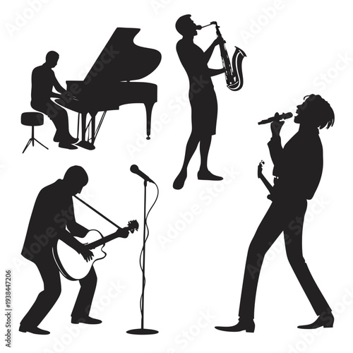 Musicians performing on stage with various instruments and a singer Vector