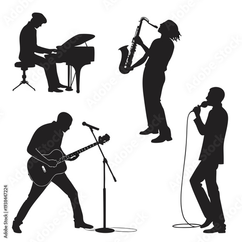 Silhouettes of musicians playing various instruments on stage Vector