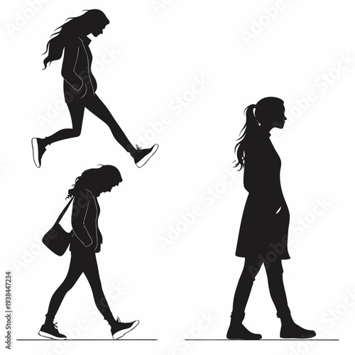 Silhouettes of women walking with different styles and accessories Vector