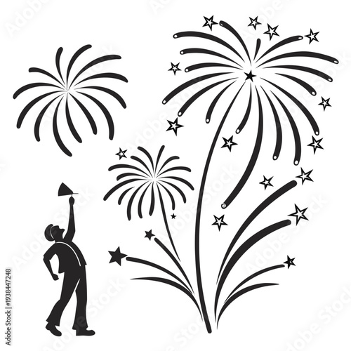 A person igniting fireworks in a field with colorful explosions in the sky Vector