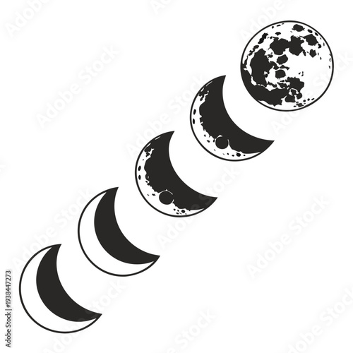 Phases of the moon illustrated in a linear sequence from new moon to full moon. Vector