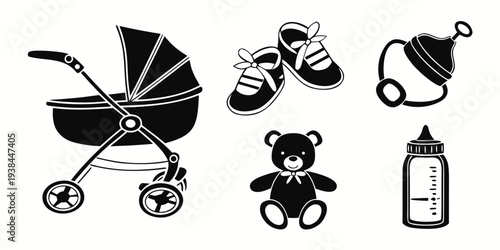 Assorted baby items including a stroller, teddy bear, and more Vector