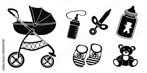 A collection of baby items including a stroller, baby bottle, pacifier, and more Vector