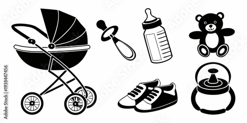 A collection of baby items including a stroller, shoes, and a teddy bear. Vector