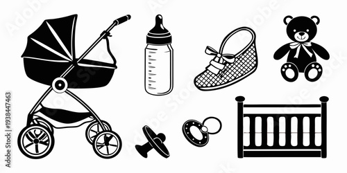 Assorted baby items including stroller, baby bottle, teddy bear, and crib. Vector