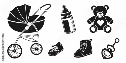 A collection of baby items including a stroller, teddy bear, and baby shoes. Vector
