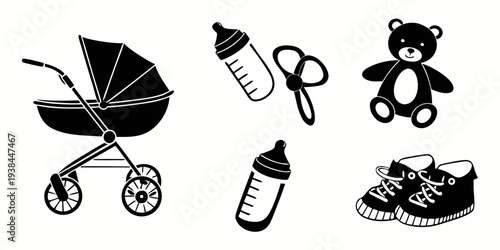 Assorted baby items including a stroller, bottle, teddy bear, and more Vector