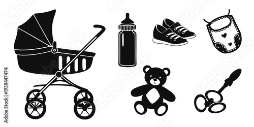 A collection of baby items including a stroller, teddy bear, and toys Vector