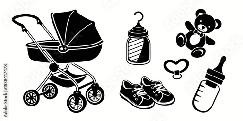 A delightful collection of baby items including a stroller, bottle, and toys. Vector