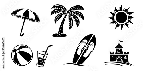 A collection of tropical and beach-themed icons including a palm tree, umbrella, and more. Vector