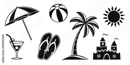 A vibrant beach scene with essential summer items and activities Vector
