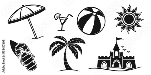 A collection of diverse weather and beach-related icons in black and white Vector