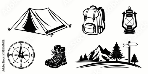Outdoor adventure equipment and activities for camping and hiking enthusiasts Vector