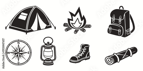 Illustrations of camping equipment including a tent, backpack, and hiking boots Vector