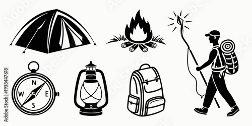Illustration of camping equipment and a man holding a flashlight Vector