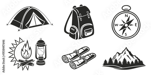 Illustration of camping equipment and nature symbols Vector
