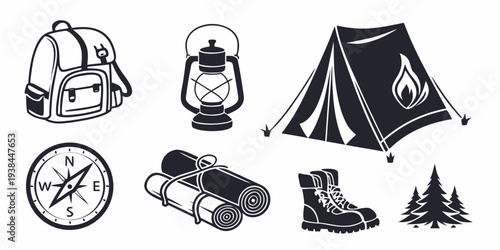Illustrations of camping gear including a tent, backpack, and hiking boots Vector
