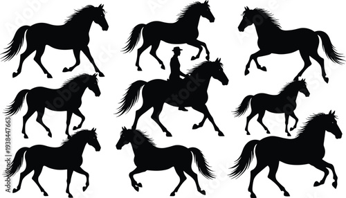 Horse silhouettes collection with running stallions and rider, black vector illustration set isolated on white background for equestrian and western design