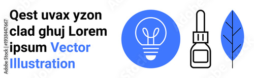 Innovation, eco-friendly design, healthcare, wellness, minimalism, conceptual graphics. Graphic elements including lightbulb, medicine dropper and leaf. Innovation and eco-friendly design