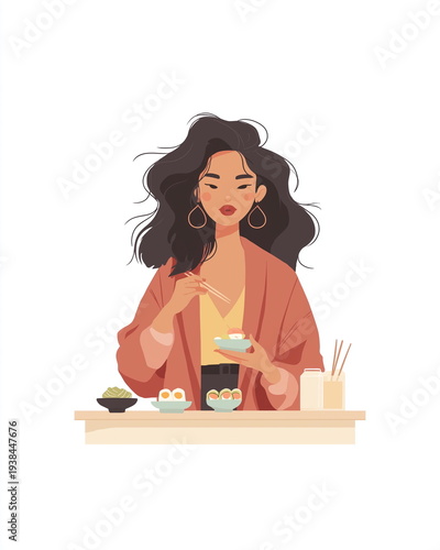 Woman Eating Sushi with Chopsticks Illustration