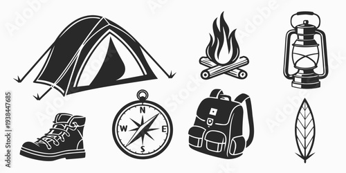 Essential camping gear arranged neatly for an outdoor adventure. Vector