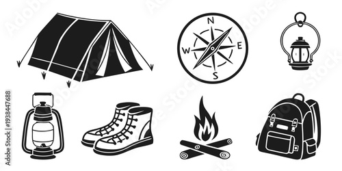 Illustrations of camping gear and tools for outdoor adventures Vector