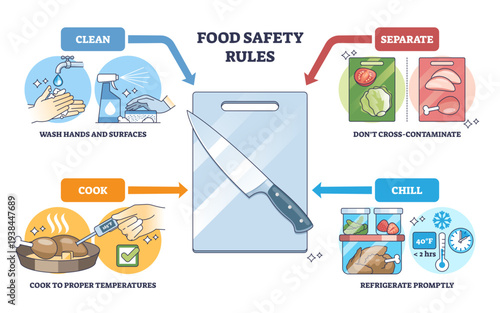 Food safety rules diagram highlights clean, separate, cook, chill, concept is preventing contamination, key objects, cutting board, knife, thermometer, transparent background.
