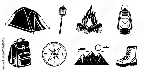 A collection of camping and hiking equipment and symbols Vector