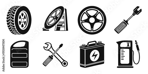 A collection of icons representing automotive tools and equipment. Vector