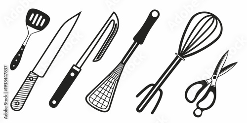 An assortment of kitchen utensils including spatulas, whisks, and scissors Vector