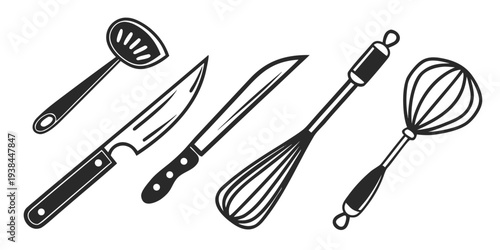 An assortment of kitchen utensils including a whisk, spatula, and ladle. Vector
