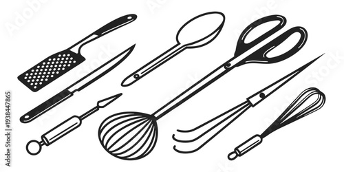 A variety of kitchen utensils including whisks, spatulas, and graters Vector