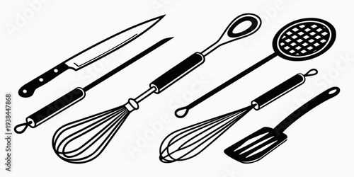 Assorted kitchen utensils including spatulas, ladles, and whisks Vector