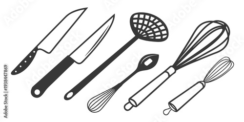 Assorted kitchen utensils displayed in a row for cooking and baking Vector