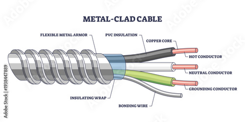 Metal-clad cable diagram clarifies flexible armor, copper conductors, and bonding wire, depicting hot, neutral, and ground paths for safe wiring layout, transparent background.