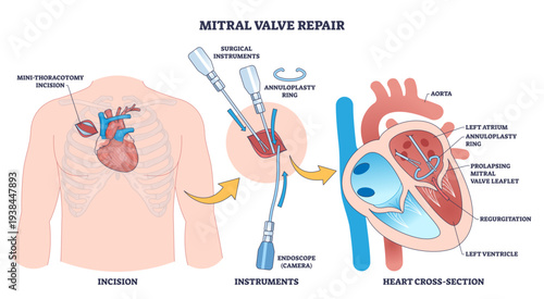 Mitral valve repair diagram depicts mini-thoracotomy incision, annuloplasty ring, and heart cross-section, conveying minimally invasive valve reconstruction concept, transparent background.