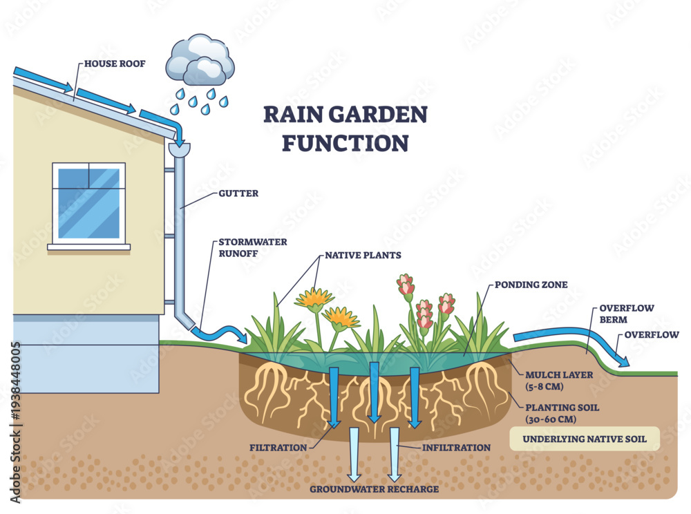 Naklejka premium Rain garden function shows gutter runoff filtering through soil to recharge groundwater, key, downspout, native plants, soil layers, transparent background.