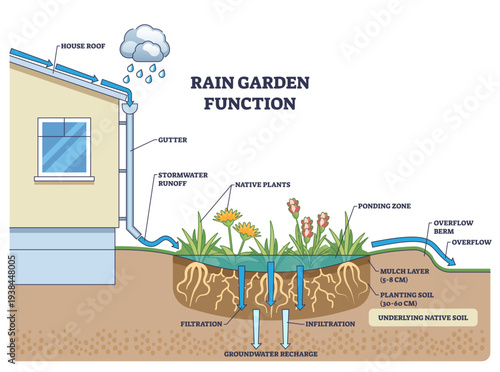 Rain garden function shows gutter runoff filtering through soil to recharge groundwater, key, downspout, native plants, soil layers, transparent background.