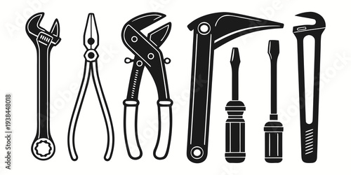 A variety of tools including pliers, wrenches, and hammers displayed together Vector
